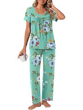Women's Mint Green Flowers Loungewear 2 Piece Pajama Sets Sleepwear with Pockets
